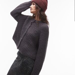 Topshop knitted chunky crew neck cardigan in charcoal